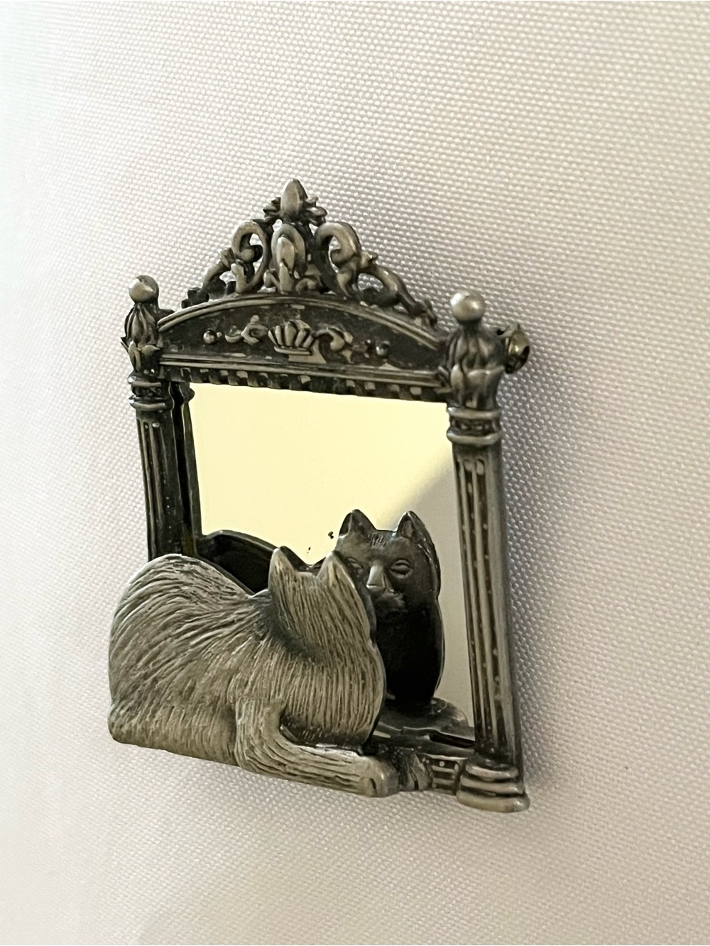 Vintage JJ Pewter Cat Looking In Mirror Brooch.